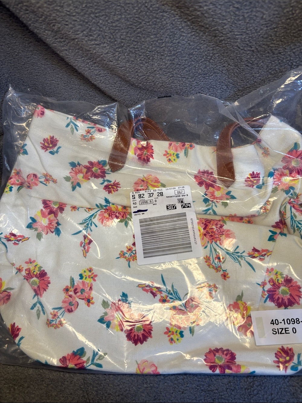Woman Within White Floral Tote with Pink and Teal Accents